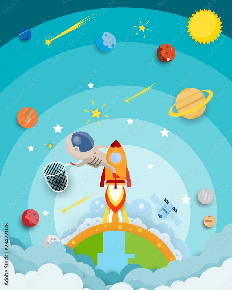 astronaut star catch riding a rocket and smoke through cloud into space and stars. flat design. Vector illustration.