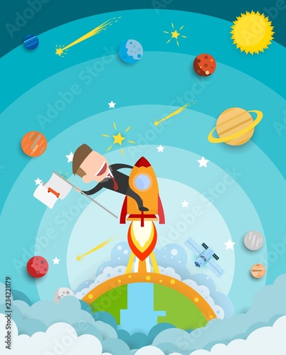 Businessman riding a rocket and smoke through cloud Business startup concept. vector illustration. flat design.