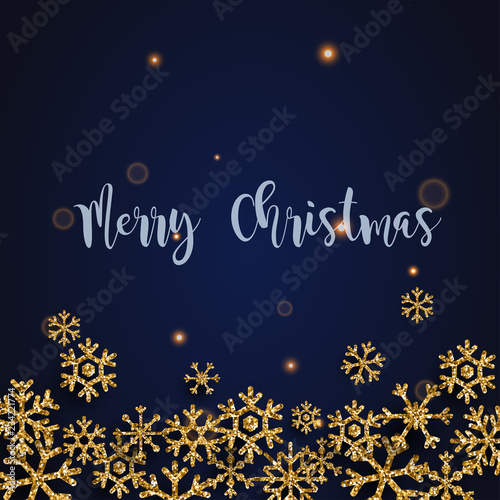 Merry Christmas. Golden glitter snowflakes on dark background. Can be used for decoration, banners and card.