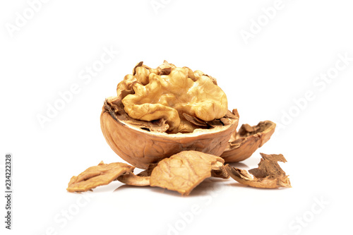 Broken walnut, close up macro, isolated on a white background.