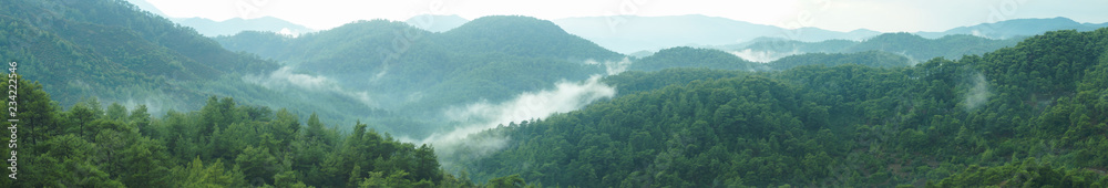 Mountain panorama with a dramatic sky background