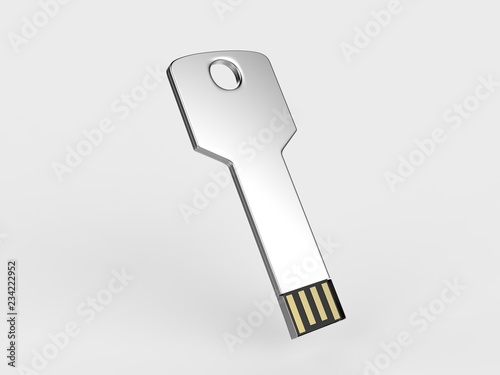 Blank white pen drive mock up on light grey background, 3d render illustration