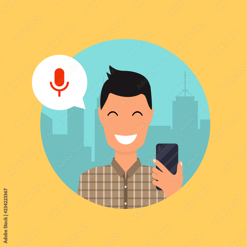 Man talking on the phone with the digital voice assistant. Flat design modern vector illustration concept.