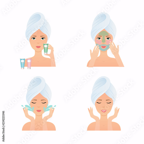 How to apply multiple face masks. Face care routine. Girl Care Her Face.  Skincare vector.