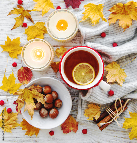 autumn flat lay with cup of tea and leaves © Olena Rudo