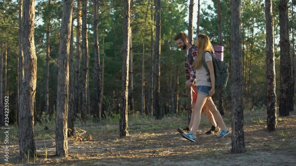 Young couple with tourist bags go camping in picturesque wood, romantic weekend Young couple with tourist bags go camping in picturesque wood, romantic weekend