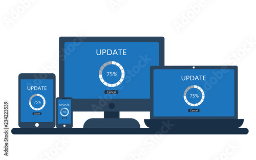 Desktop computer, laptop, tablet and smartphone with update screen