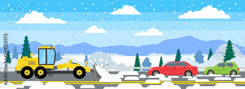 bulldozer grader cleaning removing snow from road.cars in snowdrifts on highway winter weather