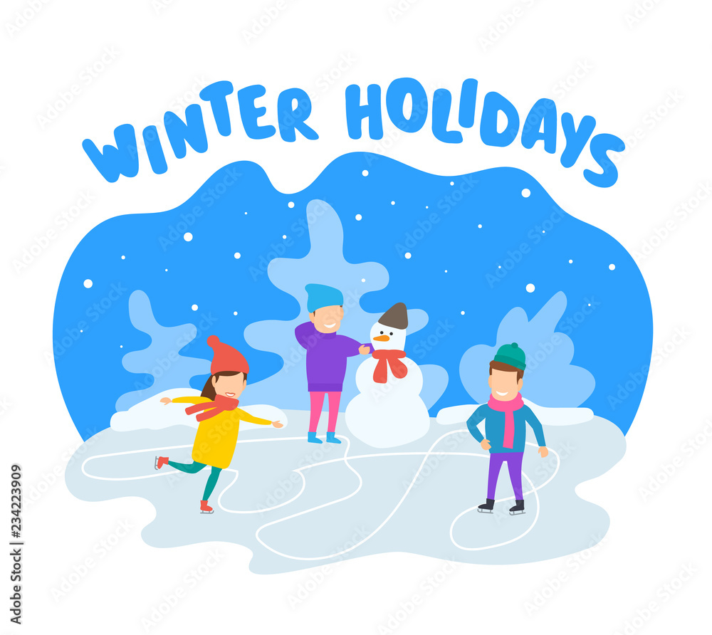 children ice skating on rink and making snowman winter holidays children ice skating on rink and making snowman winter holidays