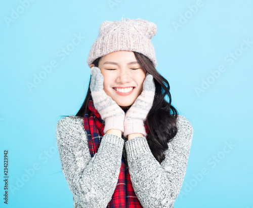 Beautiful happy young woman winter portrait