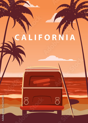 Surfer orange bus, van, camper with surfboard on the tropical beach. Poster California palm trees and blue ocean behind. Retro illustration of modern design, isolated, vector
