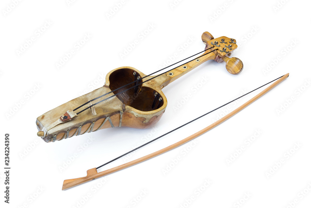 Obraz premium Kazakh national string instrument kyl-kobyz with bow isolated on white background