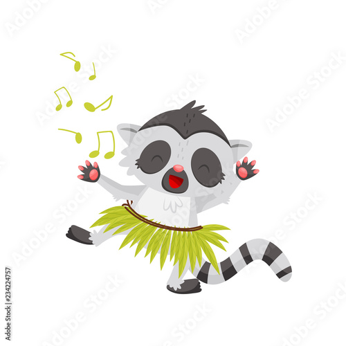 Funny lemur dancing in green hula skirt. Joyful humanized animal with long black-and-white tail. Flat vector design