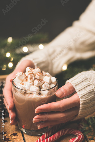 Woman holding mug of hot chocolate with marshmallows. Hot cocoa drink. Christmas, Winter holidays or New Year Comfort food, cozy background