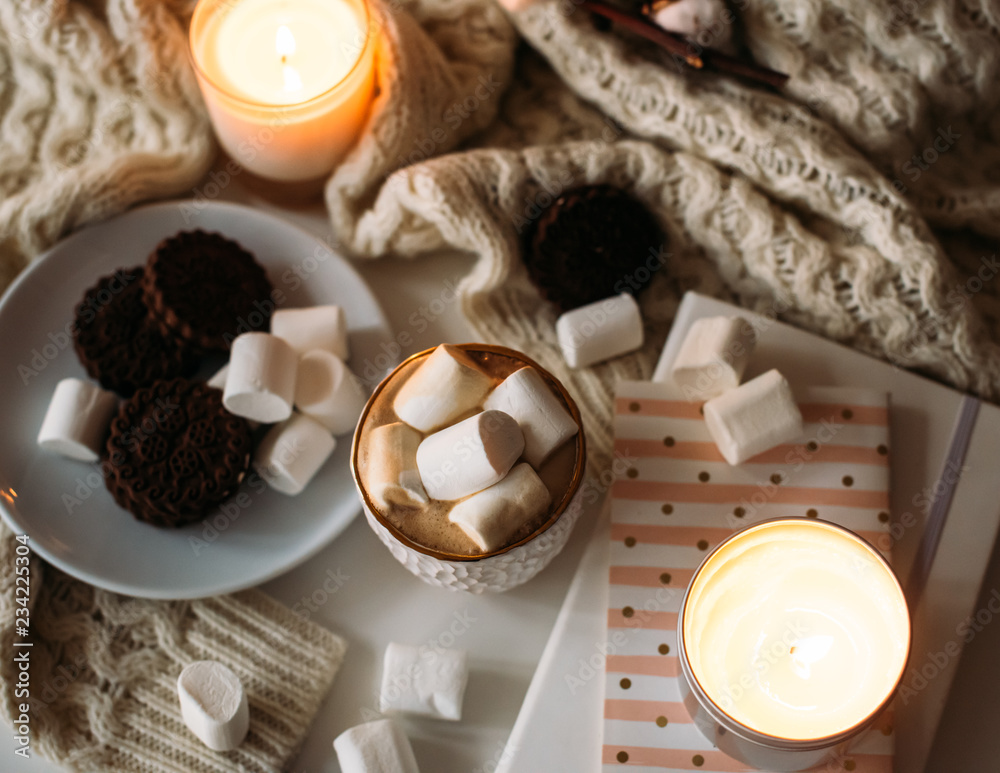 Cozy home winter arrangement, cocoa with marshmallows, homemade 