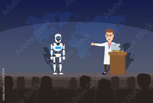 scientist presenting a robot humanoid cyborg on conference meeting