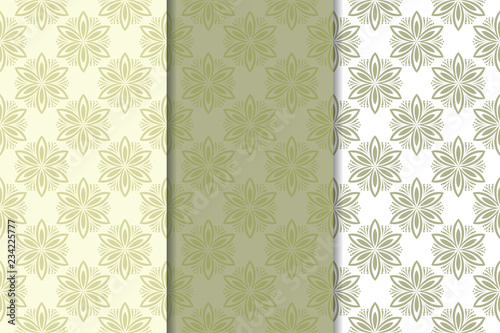 Olive green floral designs. Set of seamless patterns