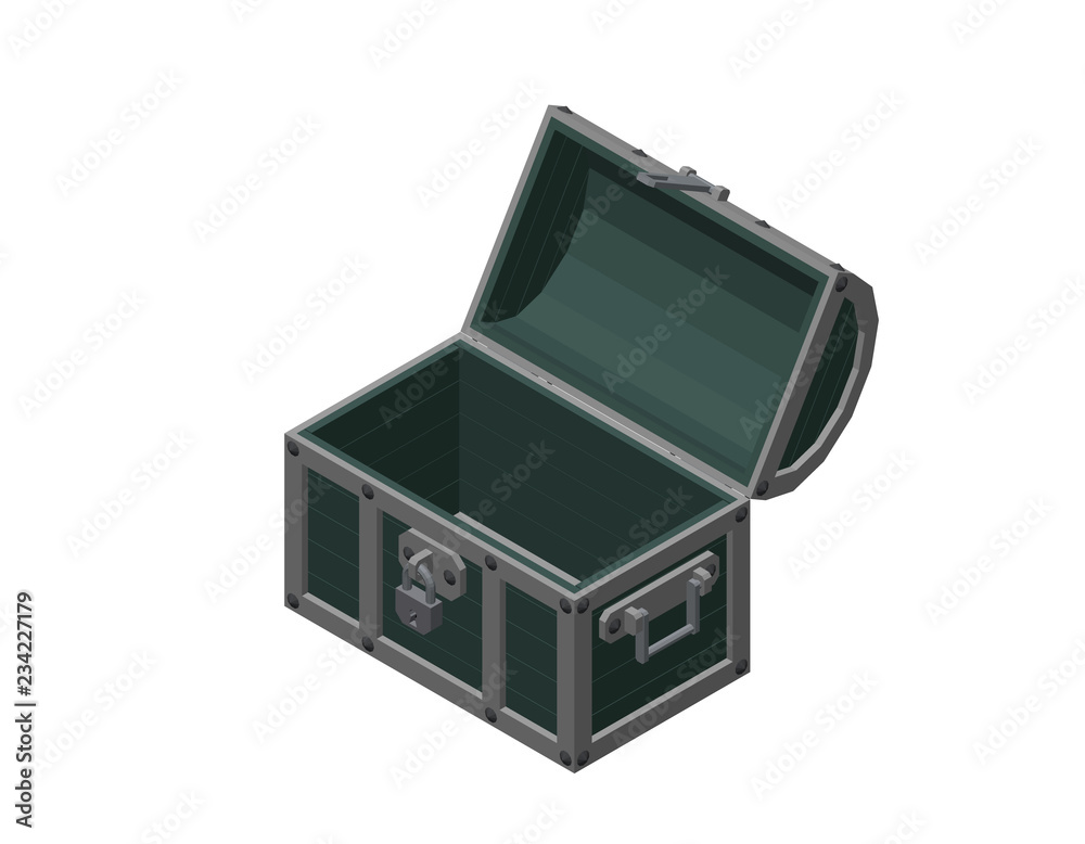 Empty wooden chest. Isolated on white background. 3d Vector illustration. Empty wooden chest. Isolated on white background. 3d Vector illustration.