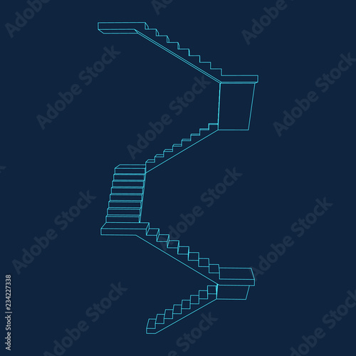 Staircase with platforms. Vector outline illustration.