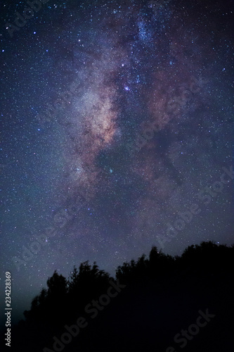 Milky Way. Fantastic night landscape with purple milky way, sky full of stars, Shiny stars. Beautiful scene with universe. Space background with starry sky