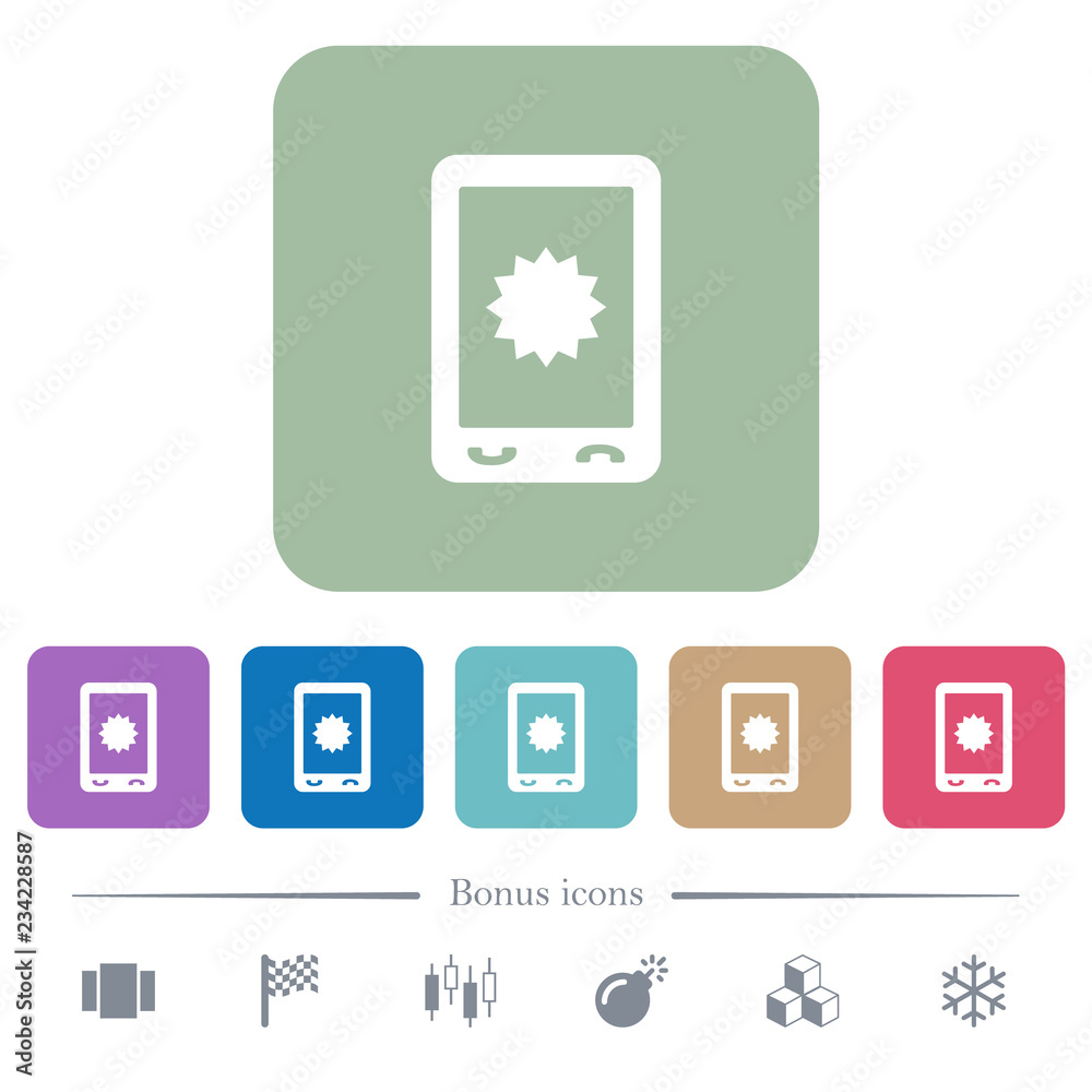 Mobile warranty flat icons on color rounded square backgrounds Mobile warranty flat icons on color rounded square backgrounds