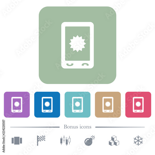 Mobile warranty flat icons on color rounded square backgrounds