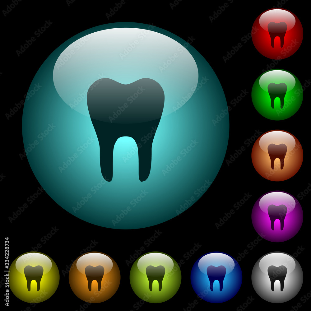 Single tooth icons in color illuminated glass buttons Single tooth icons in color illuminated glass buttons
