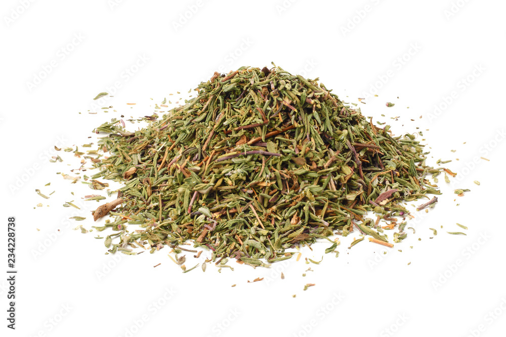 green thyme with dried thyme leaves isolated on white background close up green thyme with dried thyme leaves isolated on white background close up