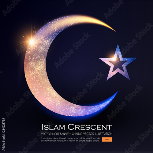 Islamic Crescent Moon. Muslim Religious Sign with Glitter Light Effect.