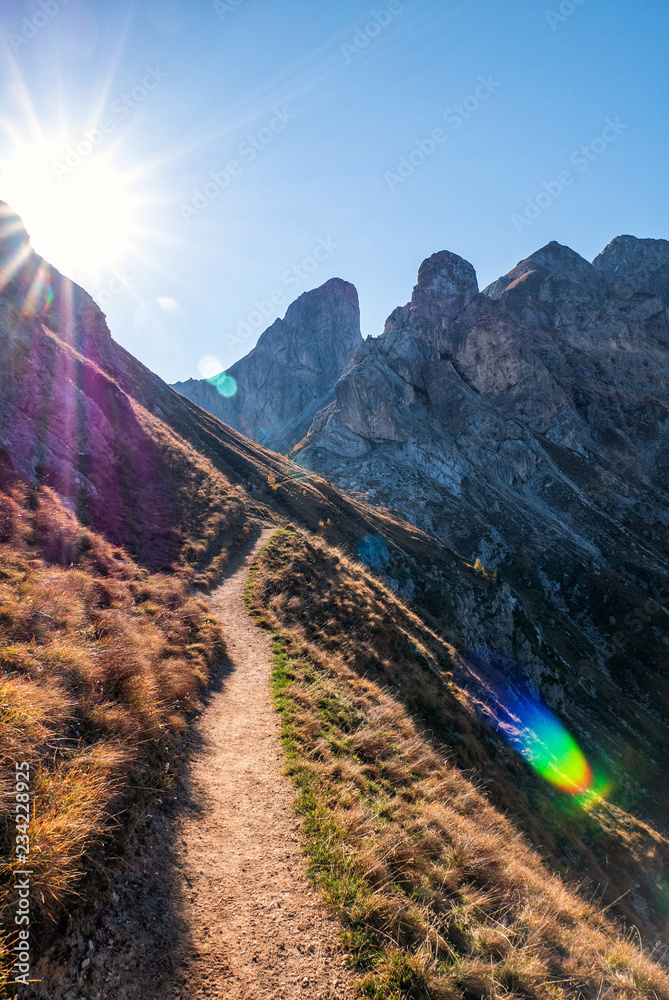 Obraz premium Mountain trails path in the Dolomites, Italy.
