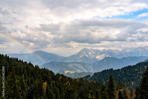 Colorful scenic view of majestic Dolomites mountains in Italian Alps.