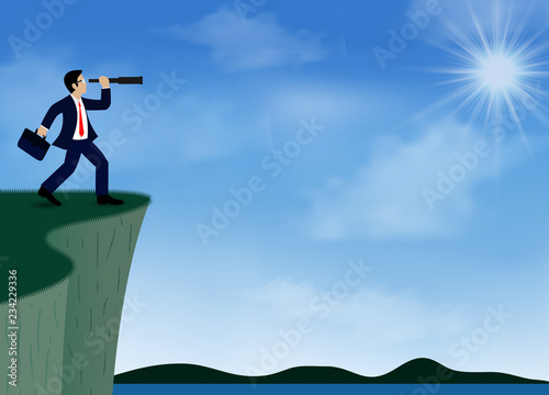 Business success concept. businessman standing on a cliff looking with the telescope growth modern idea and to achieve higher. challenge. illustration of sky with cloud and mountain