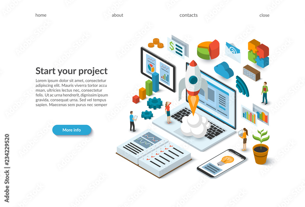 Business startup isometric concept. Rocket launch from the laptop. Landing page template. Flat design 3d vector illustration of a team working on a new project.