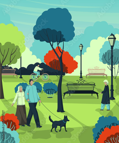 Retired people walking in the city park. Landscape with trees, bushes, benches, lanterns. Vector illustration 