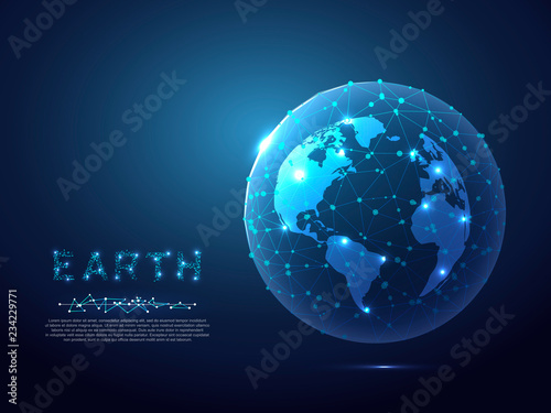Abstract image of a planet Earth view from space. Vector polygonal Globe in the form of starry sky, consisting of points, lines, and shapes Ozone layer or ozone shield