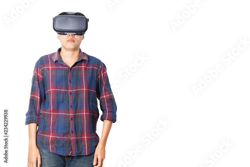 Asian man in plaid shirt wearing vr of digital technology virtual, headset, looking media movie Isolated white background