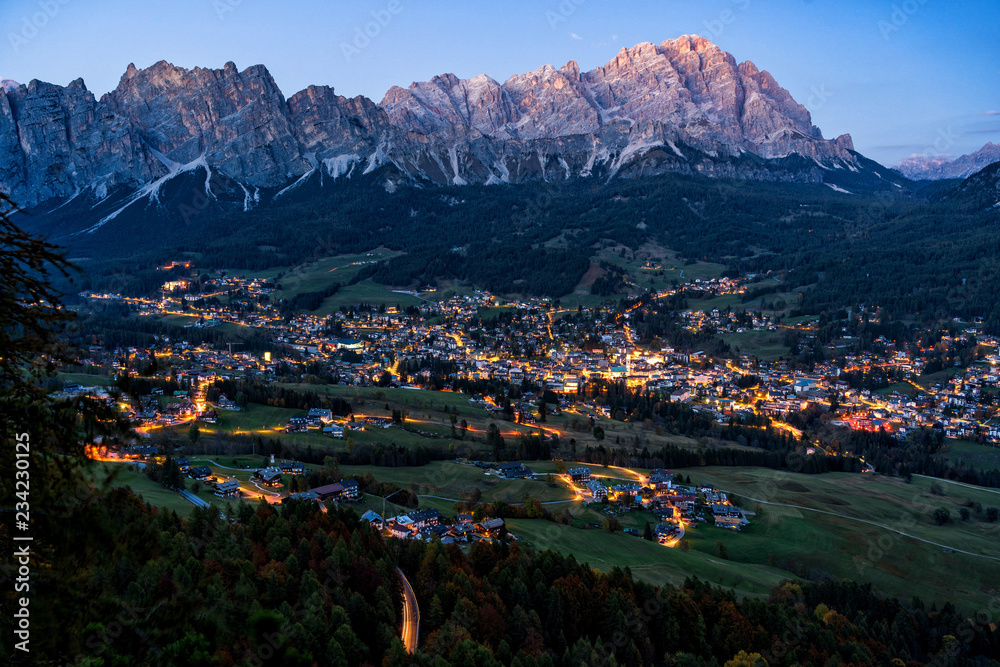 Scenic view of Cortina d'Ampezzo, located in the heart of the Dolomites in an alpine valley, Italy.