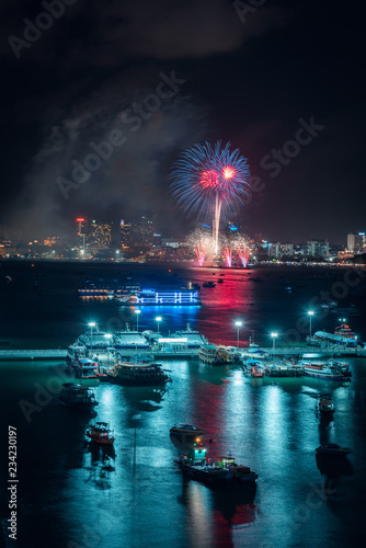 Pattaya fireworks on the beach, Cityscape of Pattaya city,Thailand