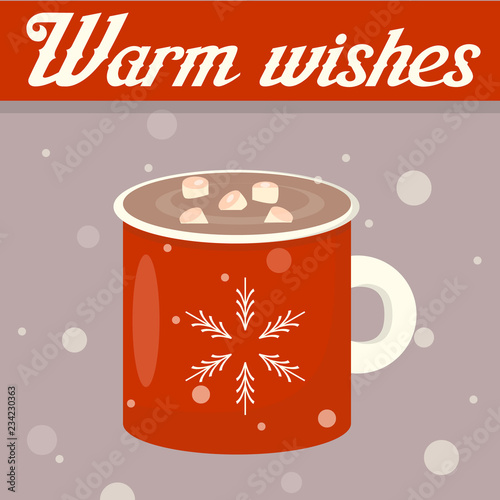 Coffee mug with marshmallow. Christmas card. 