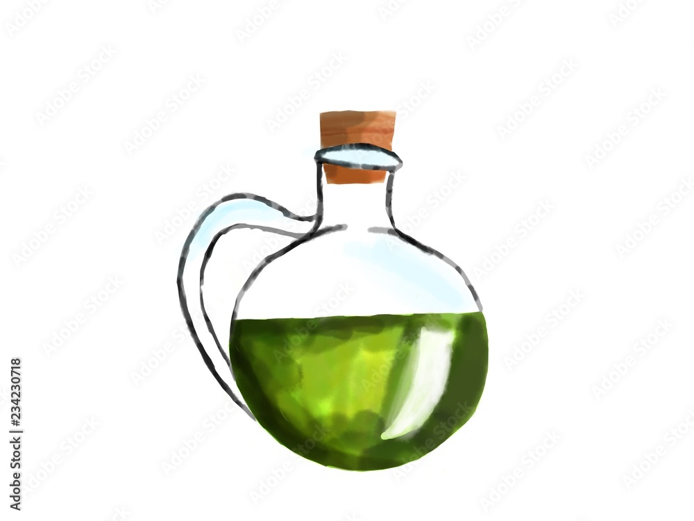 Jug with green olive oil or magic elixir, watercolor