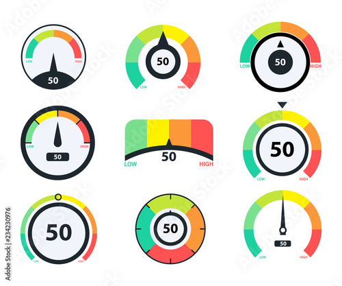 Speedometer icons. Business credit score vector speedometers. Different speed indicators