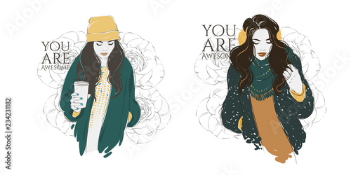 Beautiful hipster young women in a fashion jacket in hat with coffee. Vector hand drawn illustration.