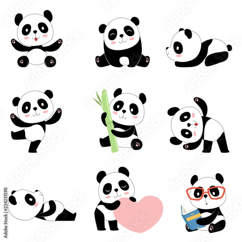 Cute panda characters. Chinese bear newborn happy pandas toy vector mascot design isolated. Illustration of panda toy, bear animal black white photo