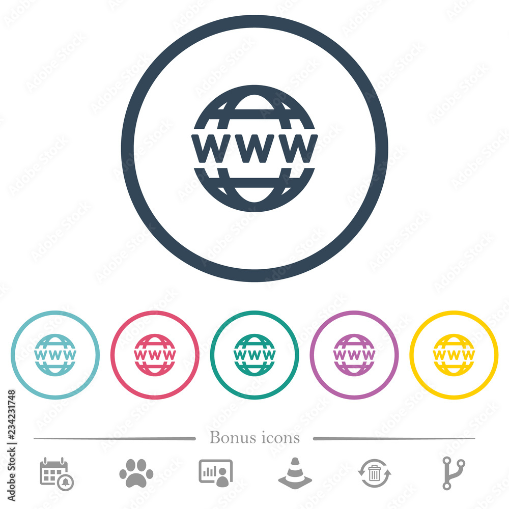WWW globe flat color icons in round outlines