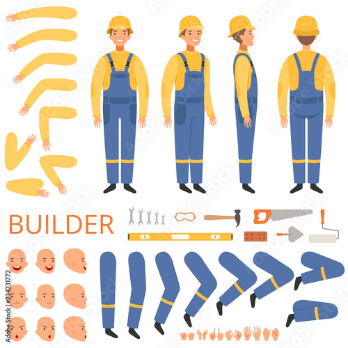 Builder character animation. Body parts head arms cap hands of engineer or builder male vector mascot creation kit. Illustration of worker male, builder character and engineer