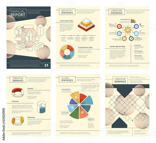 Annual report template. Report business company presentation banner flyers pages booklet vector design. Publication annual report, infographics geometric, information monthly illustration