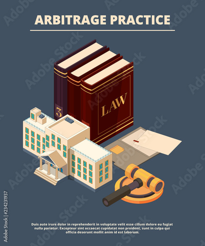 Legal justice concept. Judge law books and hammer prosecution courtroom female femida richter vector symbols isometric. Juridical courthouse, judicial book illustration