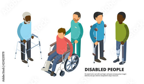 Invalids isometric. Defective adult peoples with broken legs medicine patient in wheelchair vector 3d health care illustrations. Invalid wheelchair, isometric people disabled