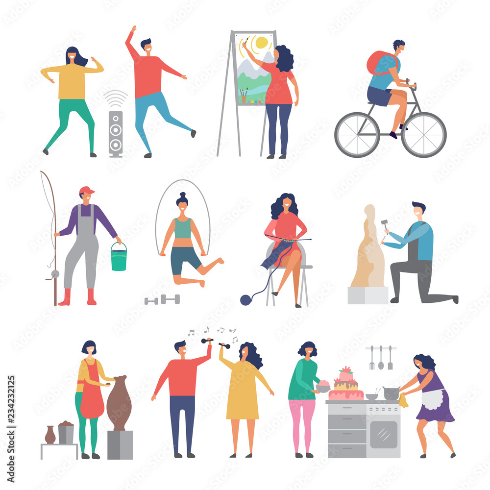 Male and female hobbies. People working love gardening cooking painting hobby occupation vector characters. Illustration of male and female hobby, drawing cooking and artistic