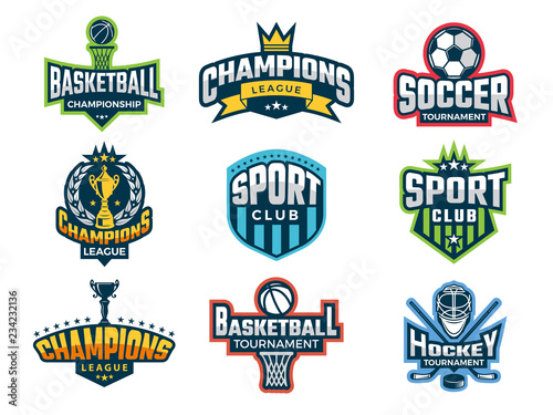 Sport logos. Emblem of college team cup competitions athlete recreation labels and vector badges isolated. Illustration of college sport team, game cup badge or emblem